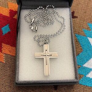 Chisel Stainless Steel Polished and Brushed Cut-Out Cross Necklace